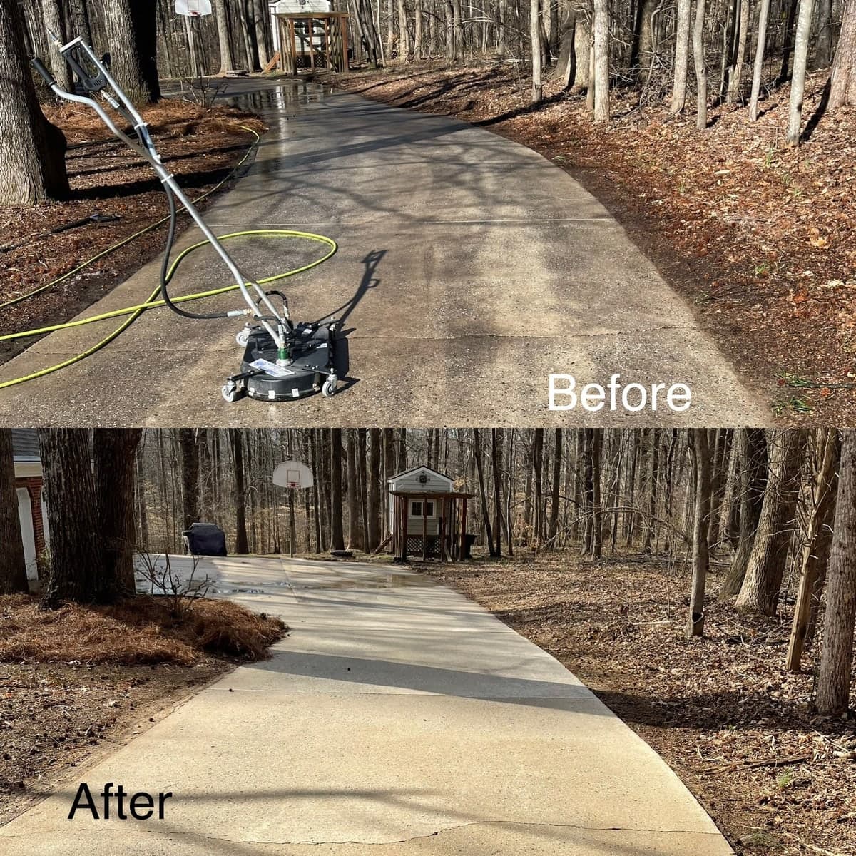 Before and after concrete driveway pressure washing with surface cleaner in Greensboro, NC