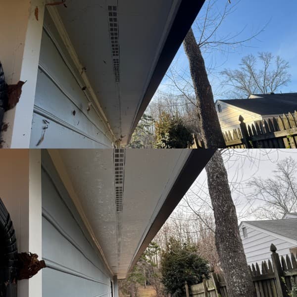 Before and after gutter cleaning with leaves removed from a home in Greensboro, NC