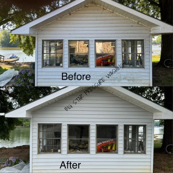Before and after pressure washing of a white home exterior by a lake in Greensboro, NC